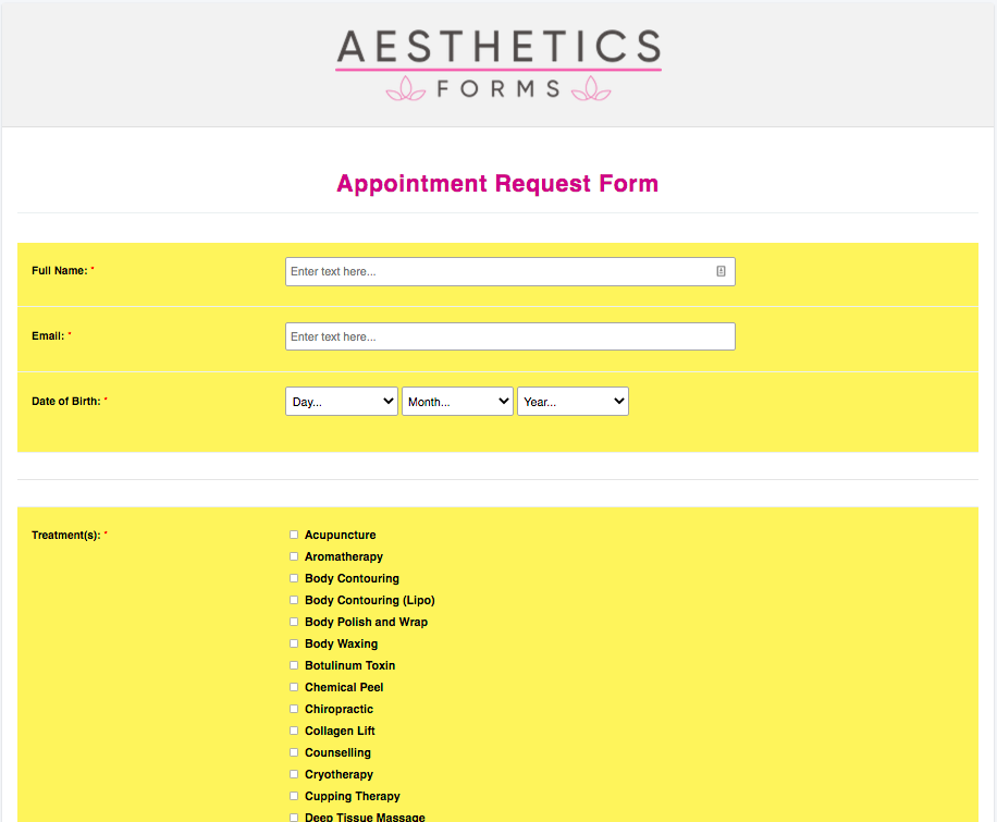 Aesthetics Appointment Request Form