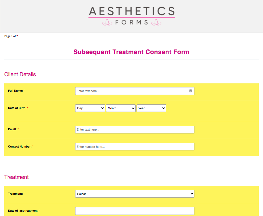Aesthetics Subsequent Treatment Consent Form
