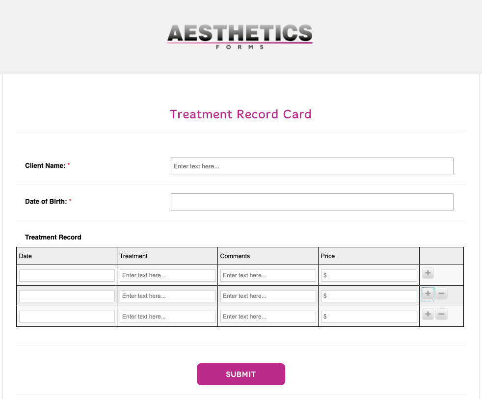 Aesthetics Treatment Record