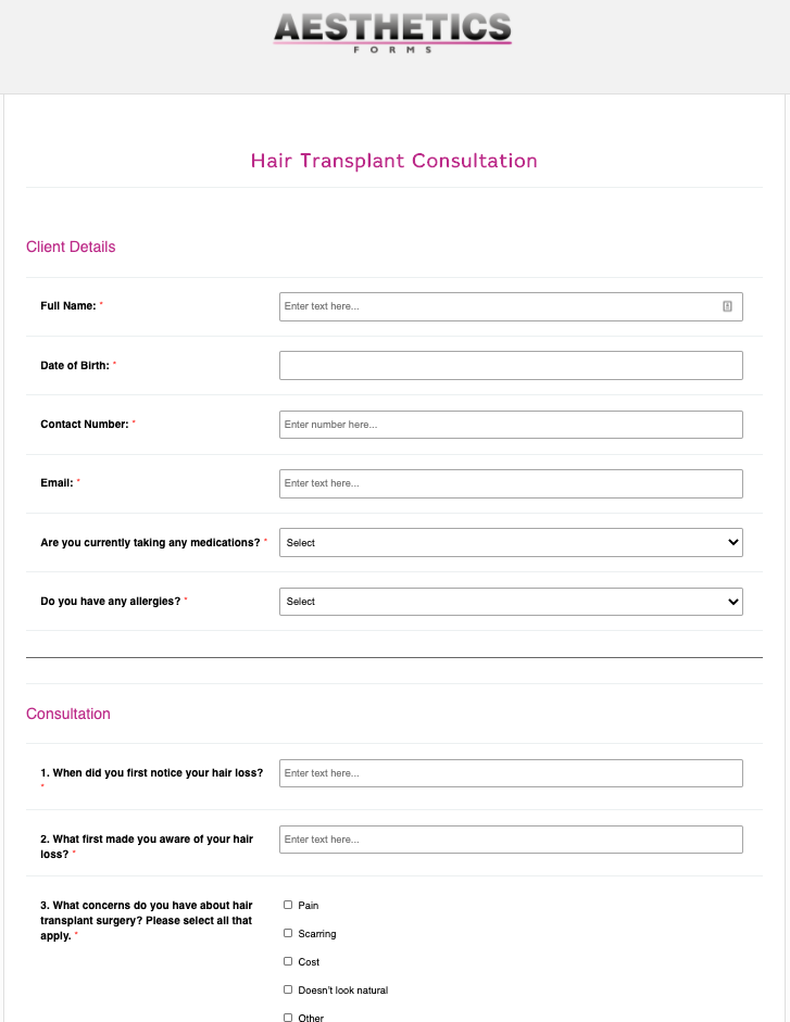 Hair Transplant Consultation Form - Online Form Templates - PDFs