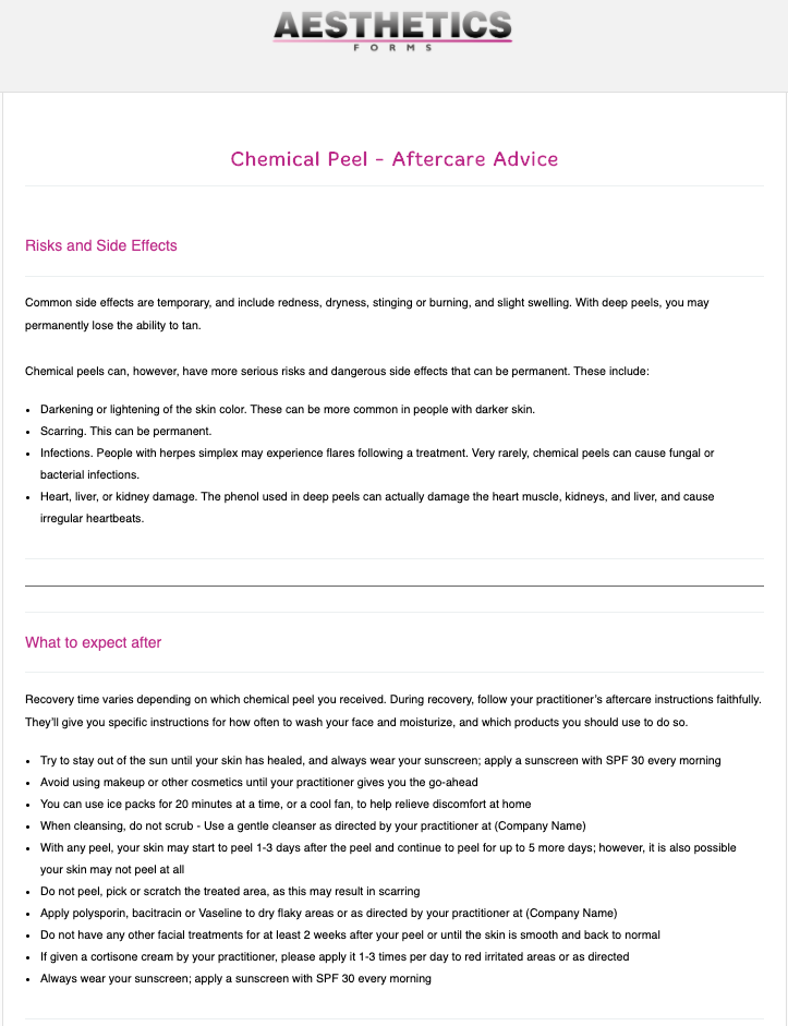 Chemical Peel Aftercare Form