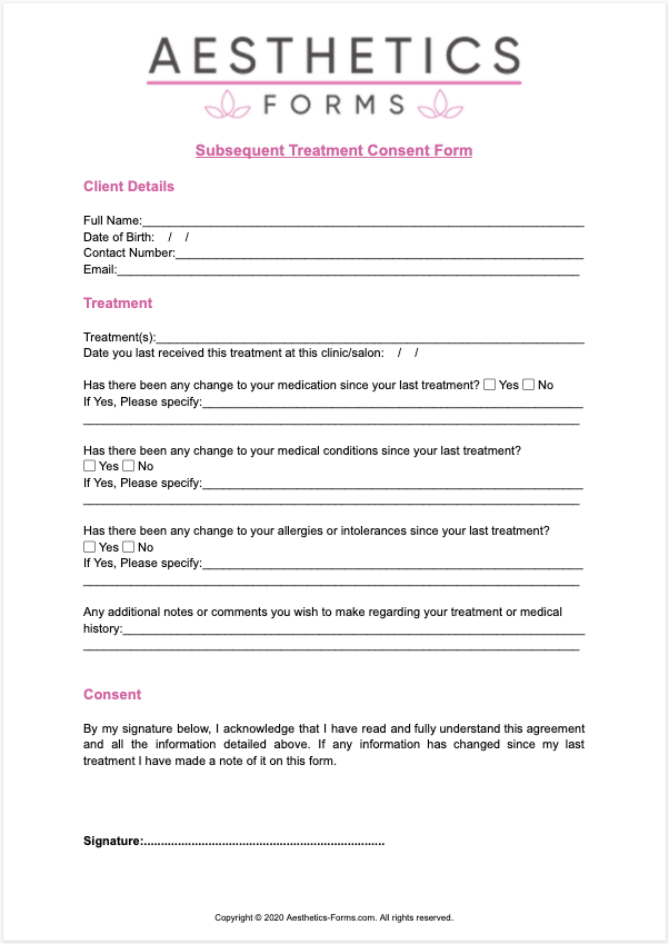 Aesthetics Subsequent Treatment Consent Form