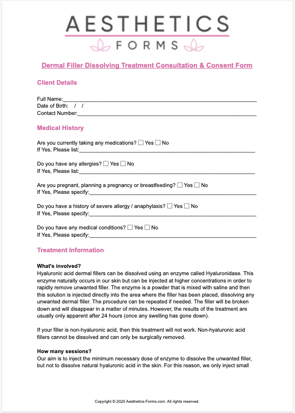 Dermal Filler Dissolving Treatment Consent Form