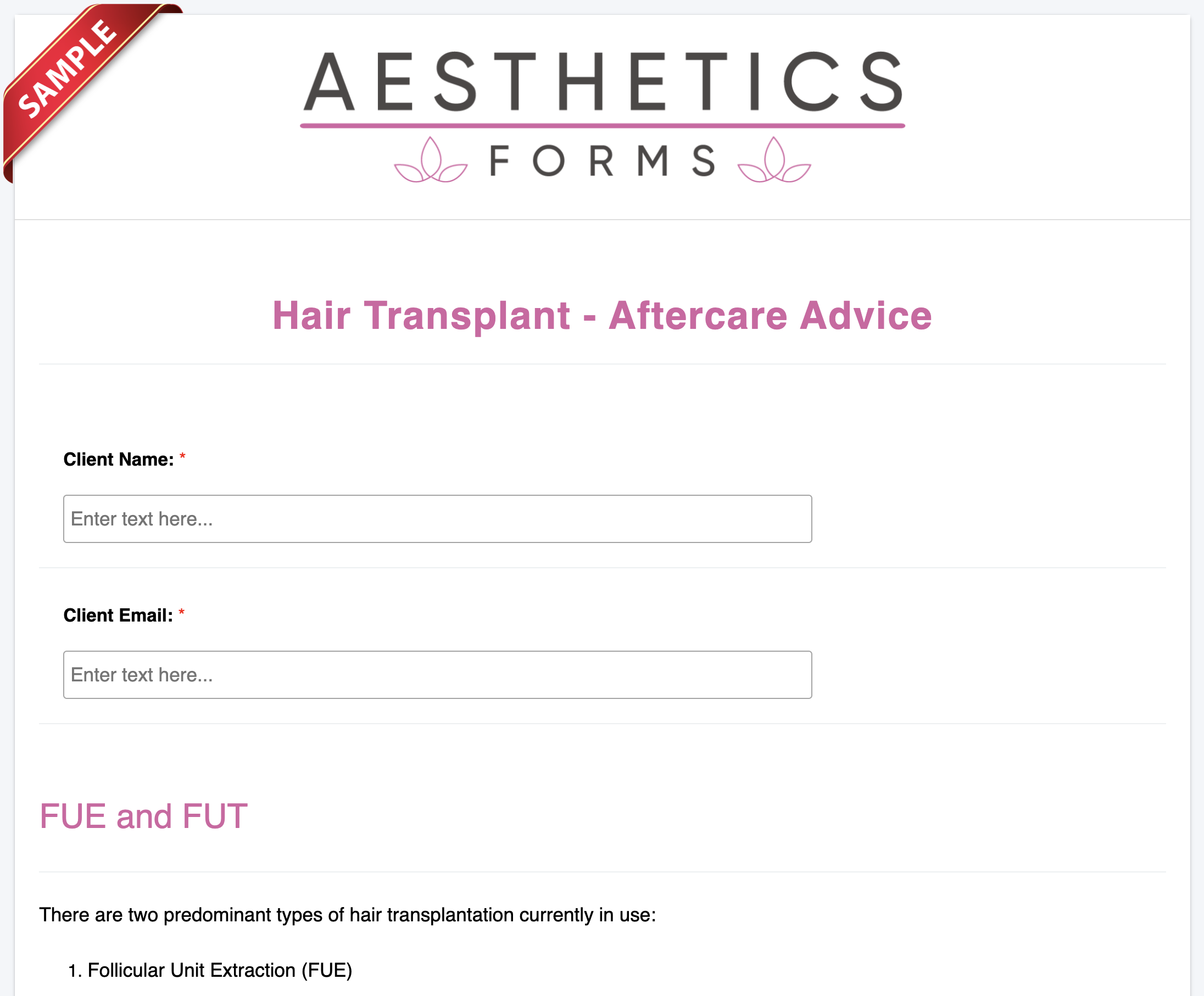 Hair Transplant Aftercare Form