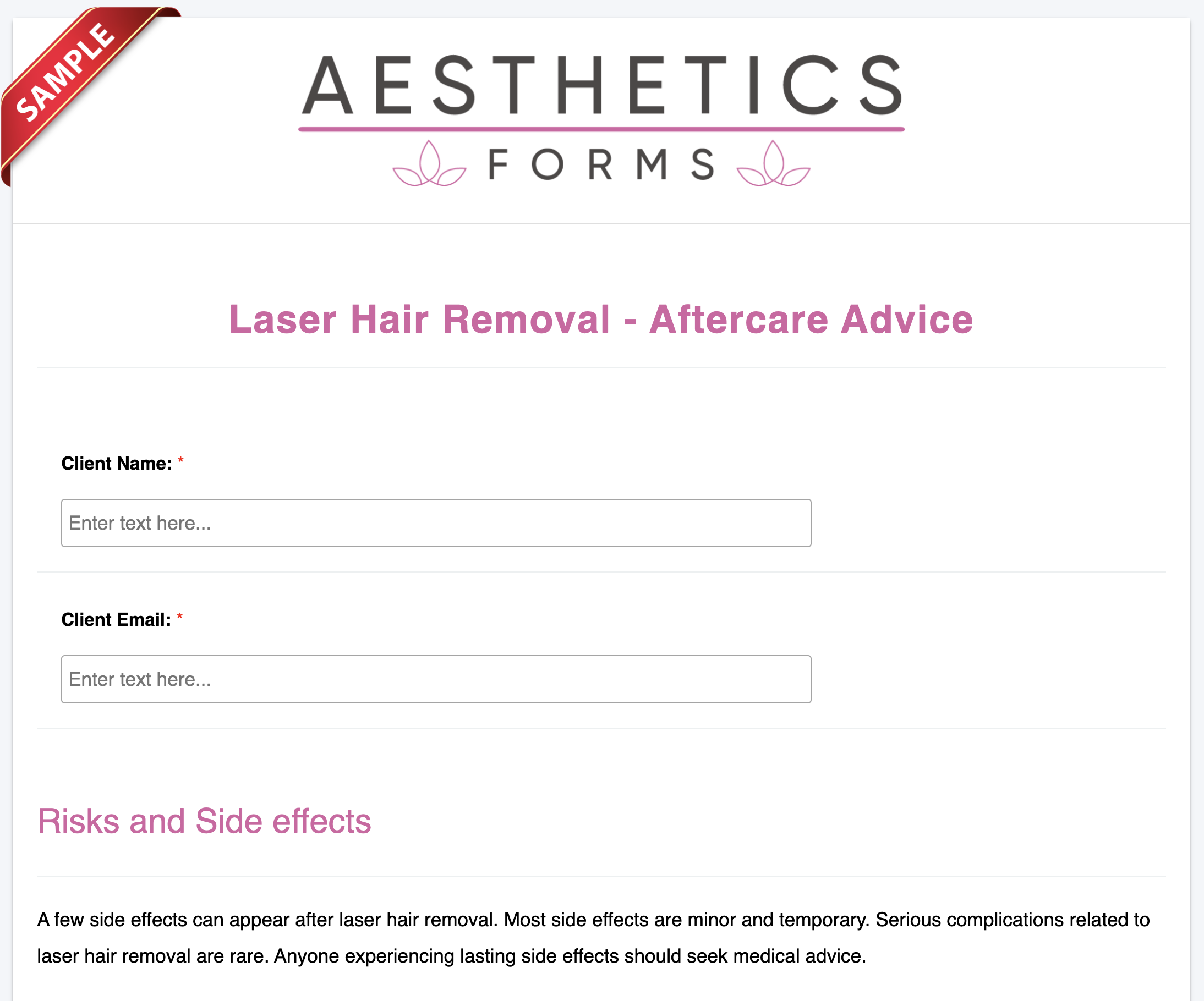Laser Hair Removal Aftercare Form