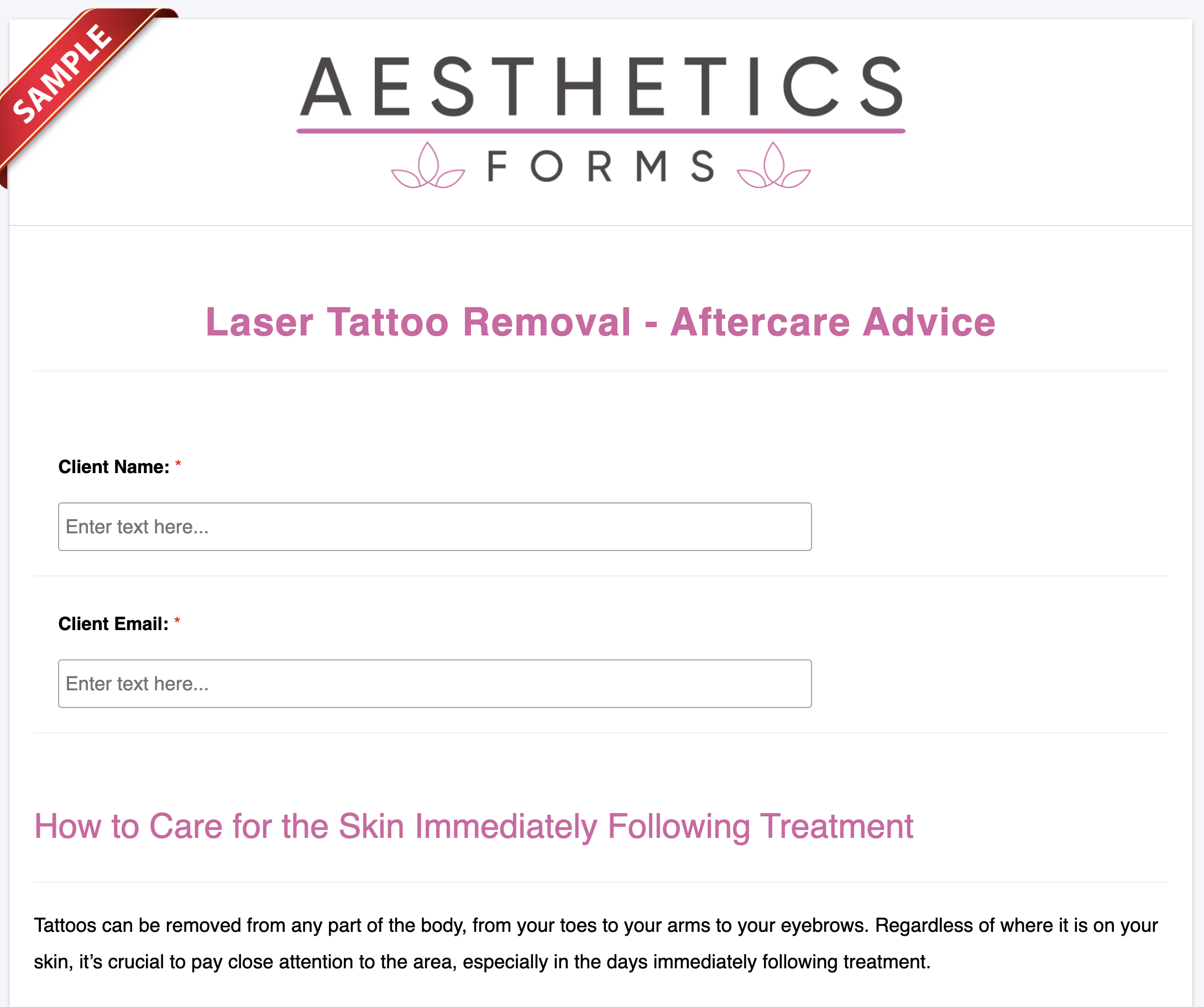 Laser Tattoo Removal Aftercare Form