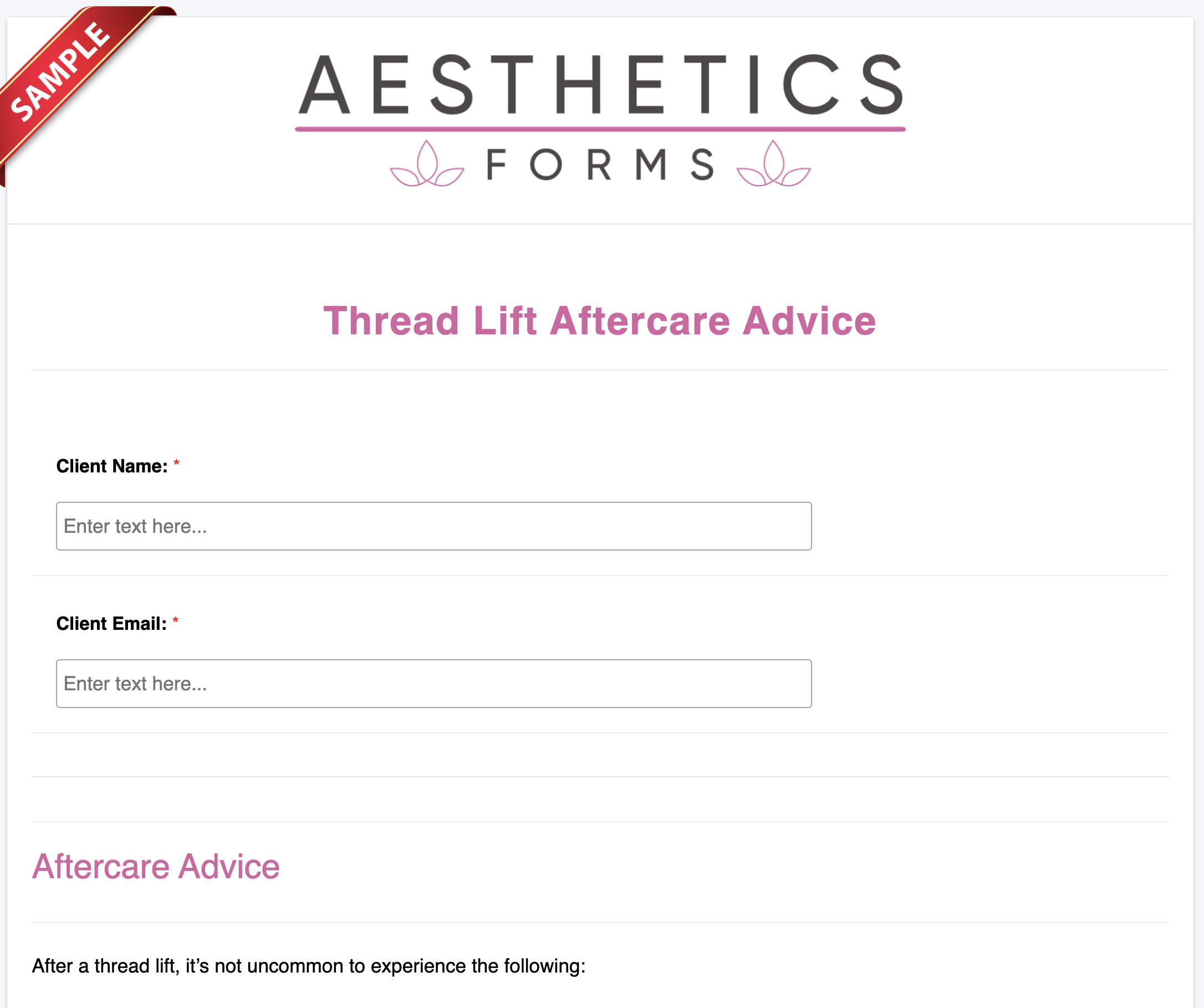 Thread Lift Aftercare Form