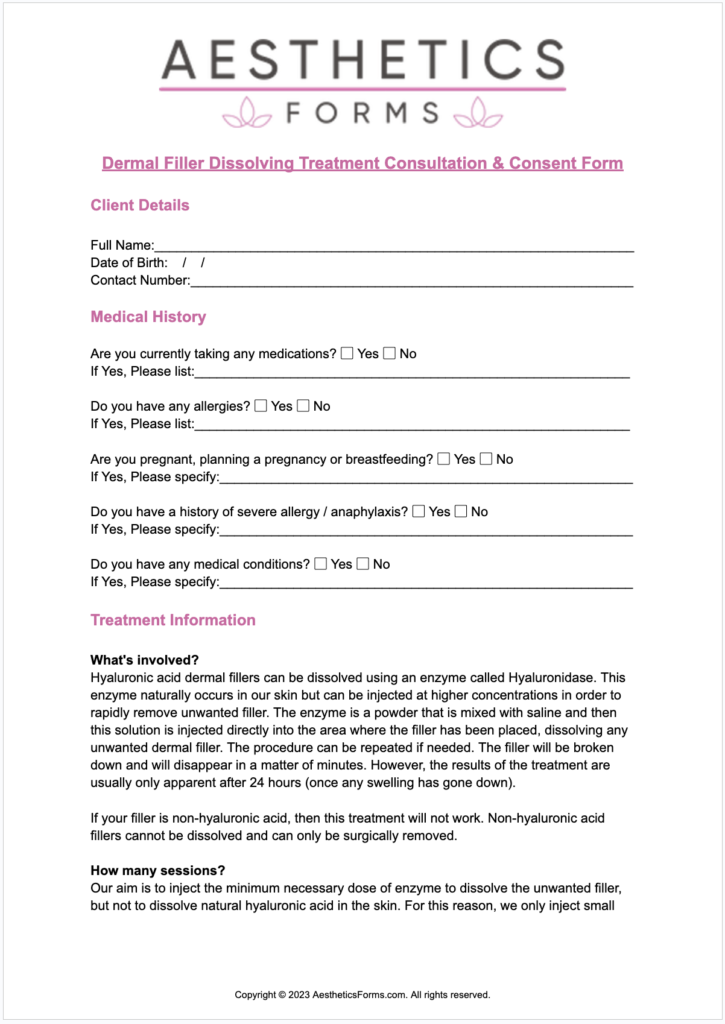 Dermal FIller Dissolving Treatment Consultation PDF