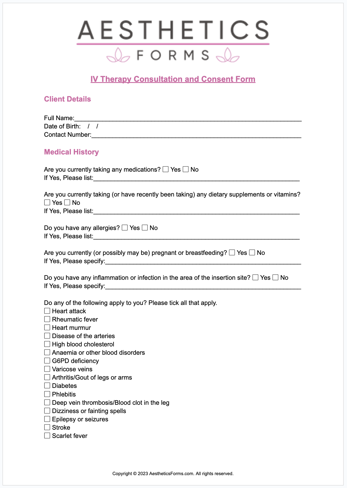 IV Therapy Consent PDF Printable PDF Download