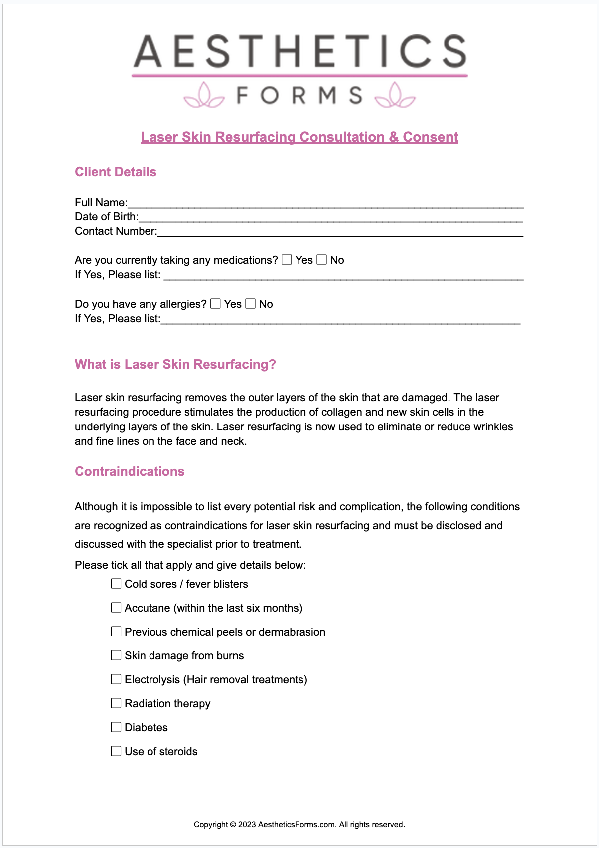 Laser Skin Resurfacing Consent PDF Printable PDF Download