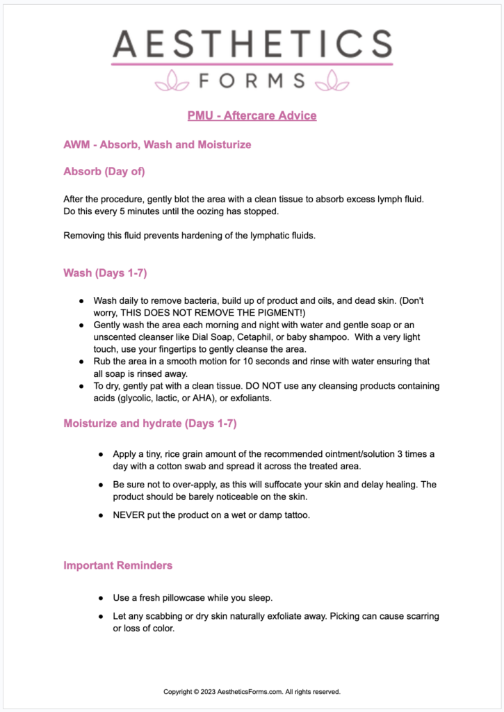 PMU Aftercare PDF - Permanent Makeup Aftercare - Printable PDF